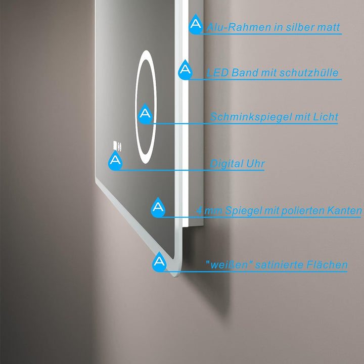 Badezimmerspiegel mit Licht Schminkspiegel Uhrzeit 120x60 cm Badspiegel mit LED Beleuchtung Antibesc