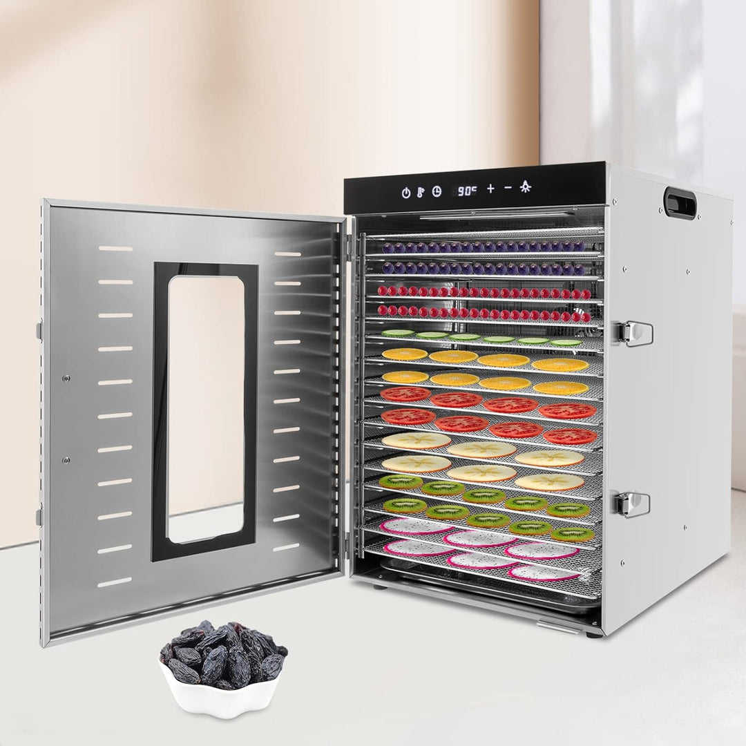 Dörrautomat Edelstahl 1500W, 16 Etagen Dörrgerät 30-90℃ mit 24h Timer und Touch Screen, Trockner für