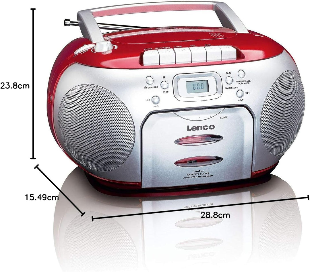 Lenco SCD-420RD Tragbares UKW-Radio mit Toplader CD-Spieler und Kassettendeck, LCD Display, Wiederho