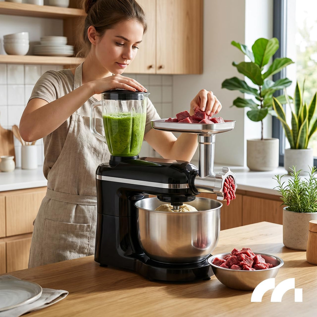 MalTec Küchenmaschine 3in1 2000W 6,2L mit Planetenrührwerk, Mixeraufsatz 1,5L, Fleischwolf, Nudelauf