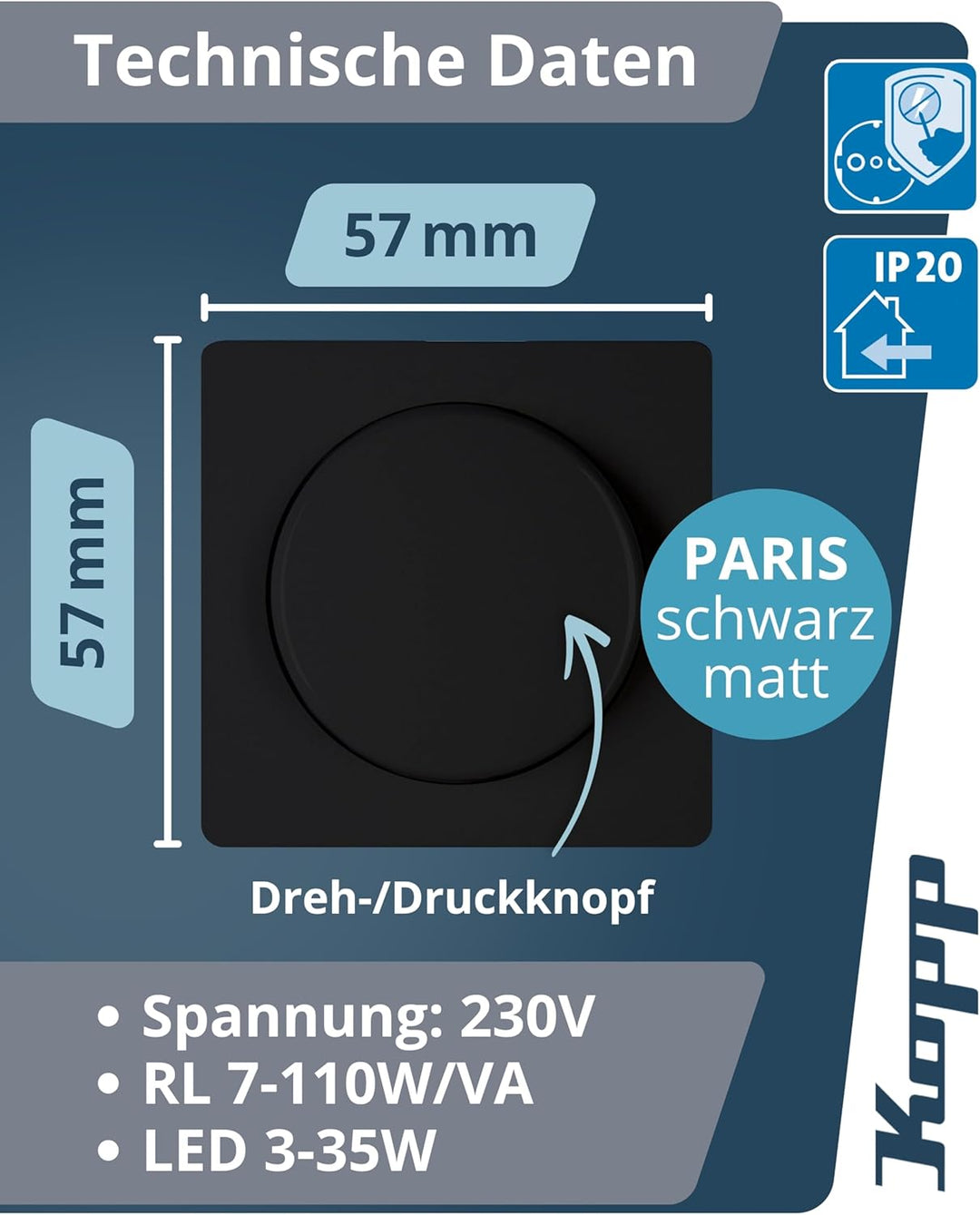 Kopp Paris Druck-Wechsel-Dimmer, Kombigerät, LED-Dimmer, für Glüh-Lampen, 230V Halogenlampen, Phasen