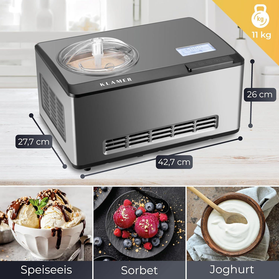 KLAMER 2-in-1 Eismaschine & Joghurtbereiter 2 L, 180 W Eiscrememaschine aus Edelstahl mit Kühl- und