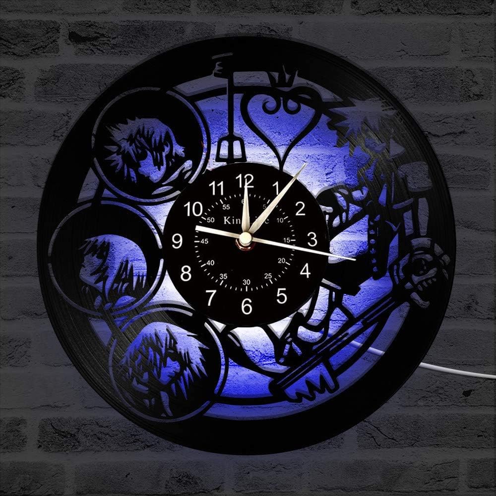 Smotly Vinyl Wanduhr, Kingdom Hearts Charakter 3D Wanddekoration grosse Uhr, LED Bunte Lichter handg