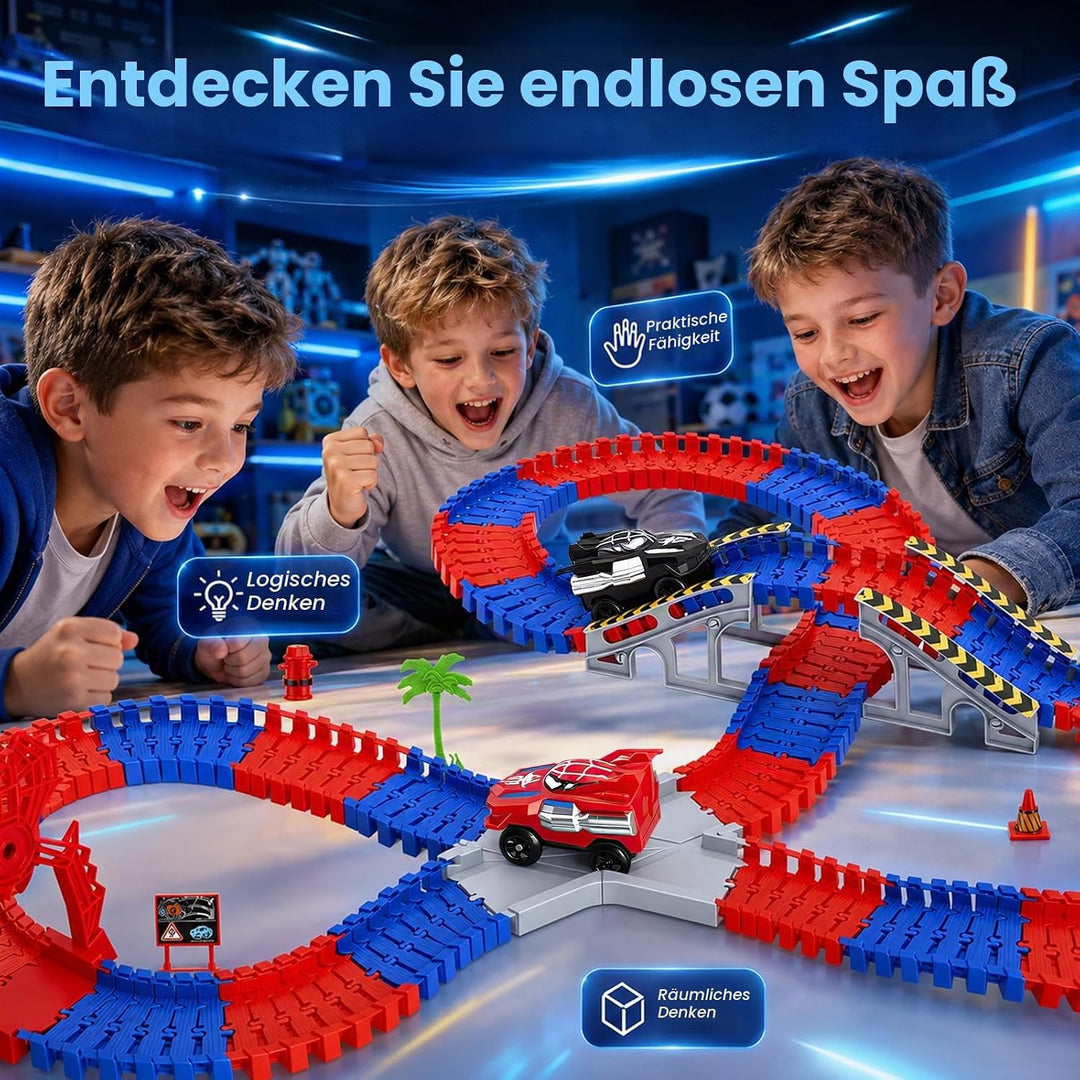 Spider Autorennbahn Set mit 2 Elektroautos, 212PCS Flexibles Auto Rennbahn Spielzeug, Kinder Weihnac