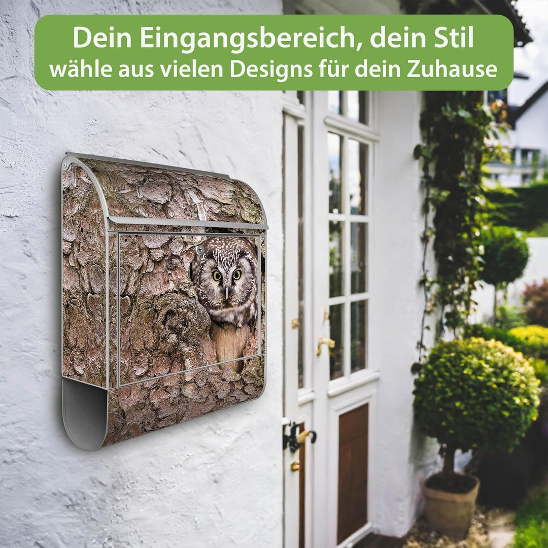 banjado® Design Briefkasten mit Motiv Eule 39x47x14cm &amp; 2 Schlüssel - Briefkasten Stahl Silber mit Z