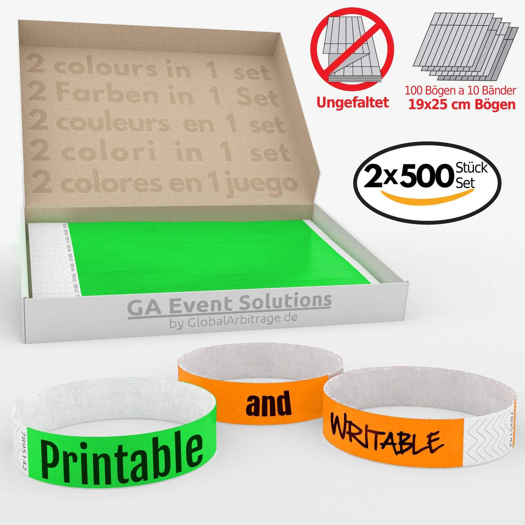Grün+Orange Vorteilspack: 2x500 Eintrittsbänder aus Tyvek zum selbst gestalten und bedrucken von GA