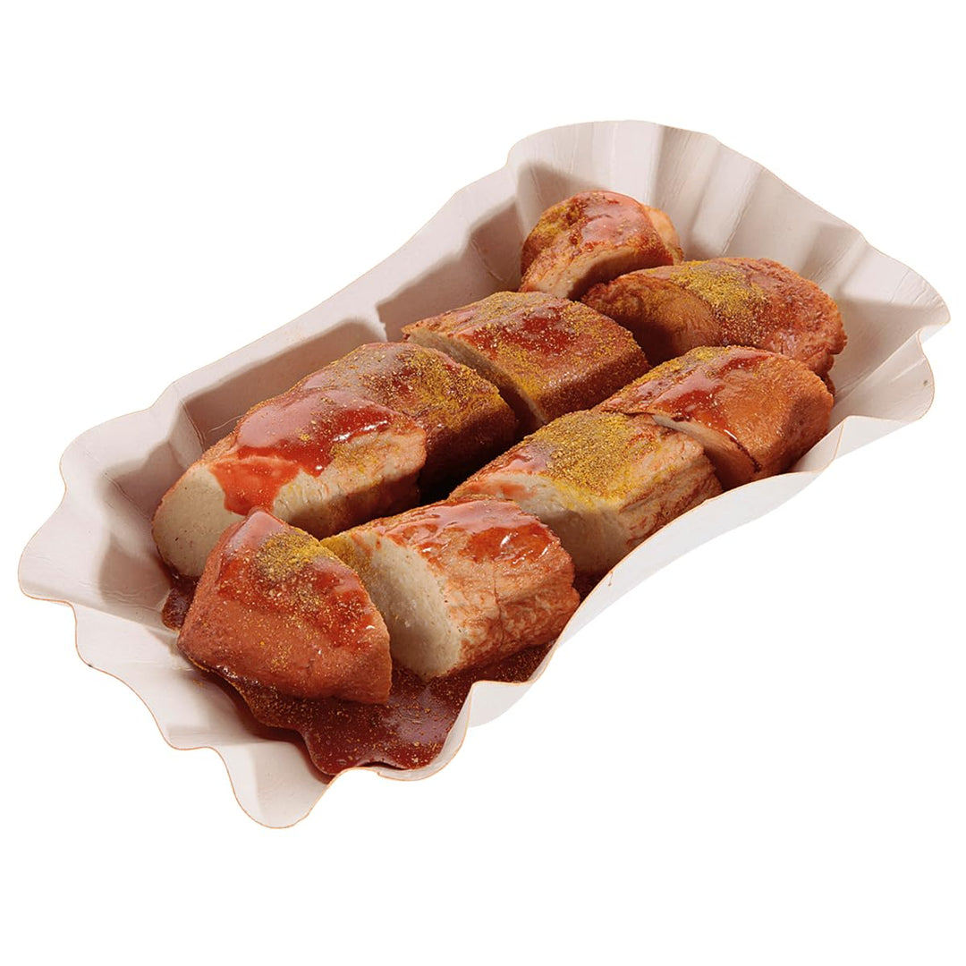 Currywurst mit Sauce weiss geschnitten Lebensmittel-Attrappe 14 x 9 cm Deko Currywurst Künstliche Cu