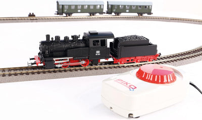 Piko 57112 Start-Set mit Bettung mit Personenzug der DB, Dampflok mit Tender und zwei Personenwagen