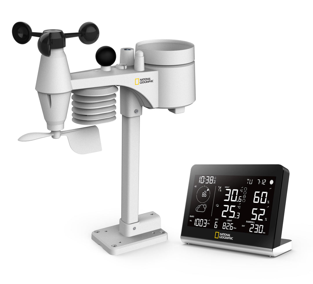 National Geographic Funkwetterstation SC mit 8-in-1-Aussensensor, Farbwechsel-Display, Temperatur, L