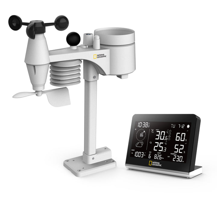 National Geographic Funkwetterstation SC mit 8-in-1-Aussensensor, Farbwechsel-Display, Temperatur, L