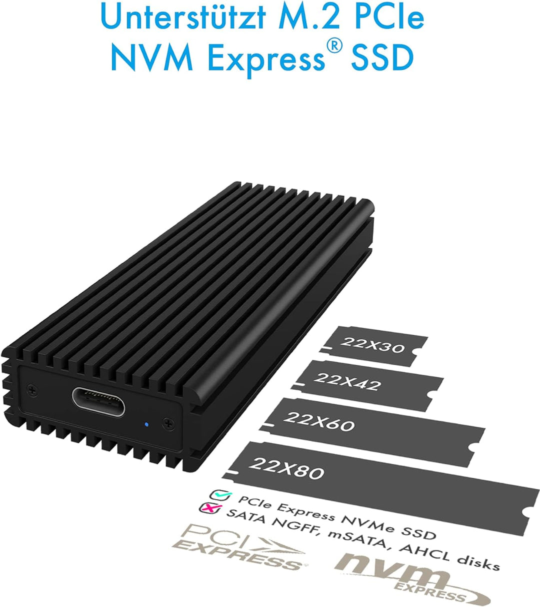 ICY BOX M.2 NVMe SSD Gehäuse, USB-C 3.1 Anschluss (Gen2, 10 Gbit/s), PCIe M-Key, Aluminium, schwarz