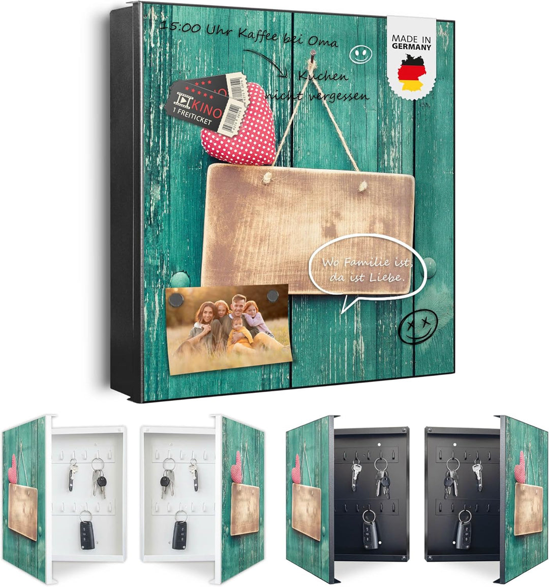 banjado® Grosser Schlüsselkasten Glas/Schlüsselbox 30cm x 30cm mit 50 Haken - Motiv Tür mit Herz/Sch