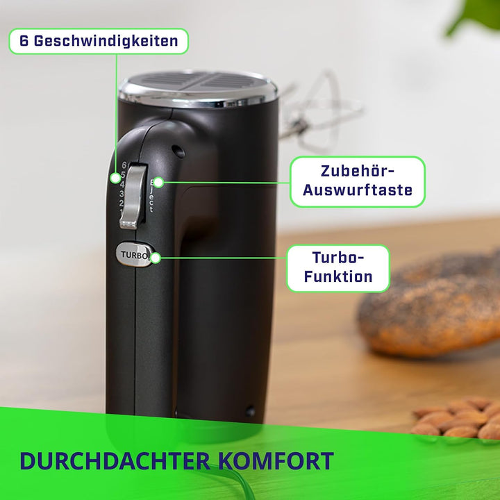 MPM Handmixer mit 2 Rührbesen und 2 Knethaken - 6 Geschwindigkeiten mit Turbotaste - 900 W - Anthraz