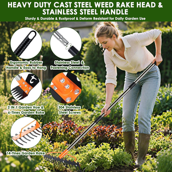 3-in-1 Unkrautstecher mit Langem Stiel 150cm, Gartenhacke, Gartenrechen | 6-zinkiger Gartenhacke, 14