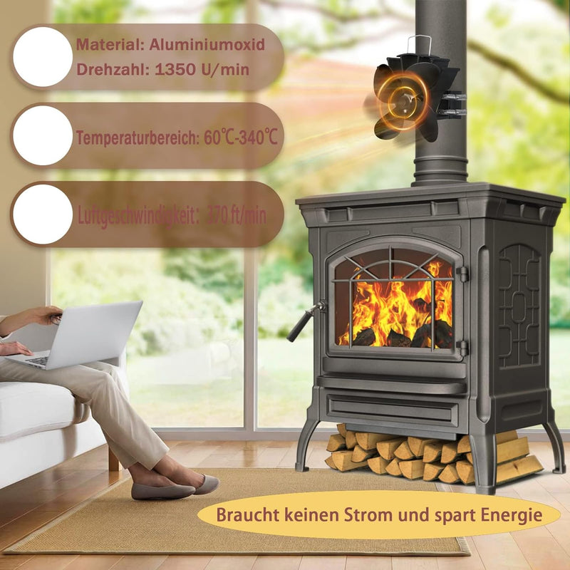 LZQ 4 Flügel Kaminlüfter, Stromloser Ventilator Kamin Holzöfen, Ofenventilator ohne Strom Stove Fan