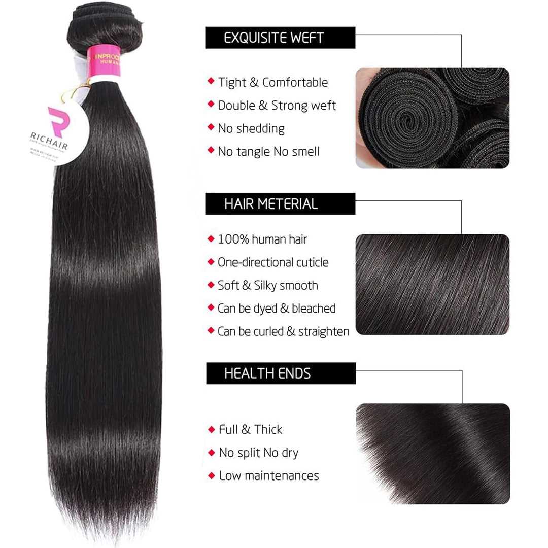 RICHAIR - Brazilian Straight Human Hair Bundles with Closure, 14 14 14 + 14 Inches, 100% Human Hair