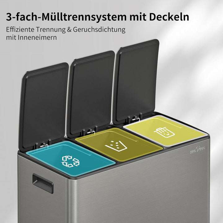 mVm Mülleimer Küche,45 Liter Treteimer,3 x 15 Liter Treteimer, 3 Fächer, Mülltrennsystem, Abfalleime