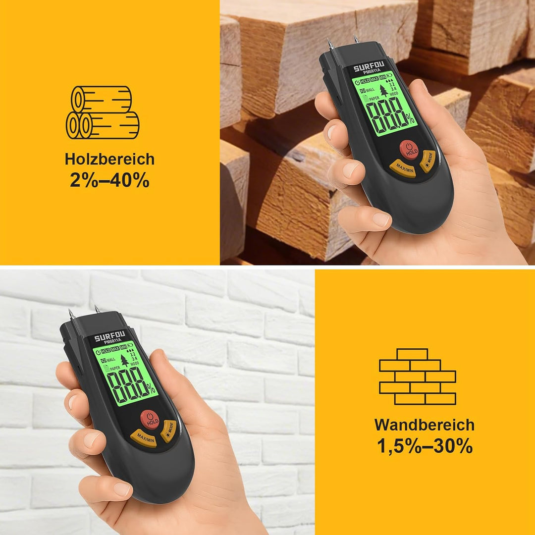 SURFOU Feuchtigkeitsmessgerät für Wand, Holz, Papier, Digitaler Feuchtigkeitsmesser mit 3 Modi & LED