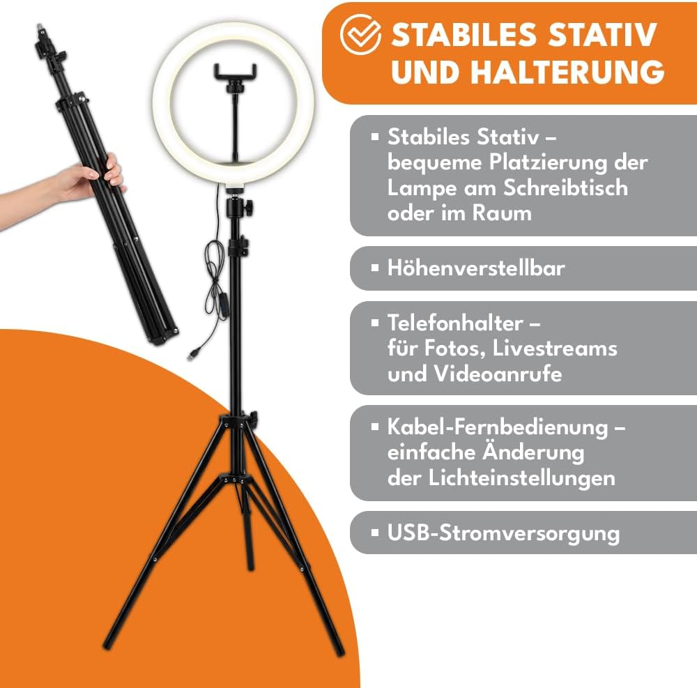 KRUMAD Ringlicht mit Stativ, LED Ringleuchte, Ringlampe, Selfie Licht | 3 Lichtfarben, mit Handyhalt