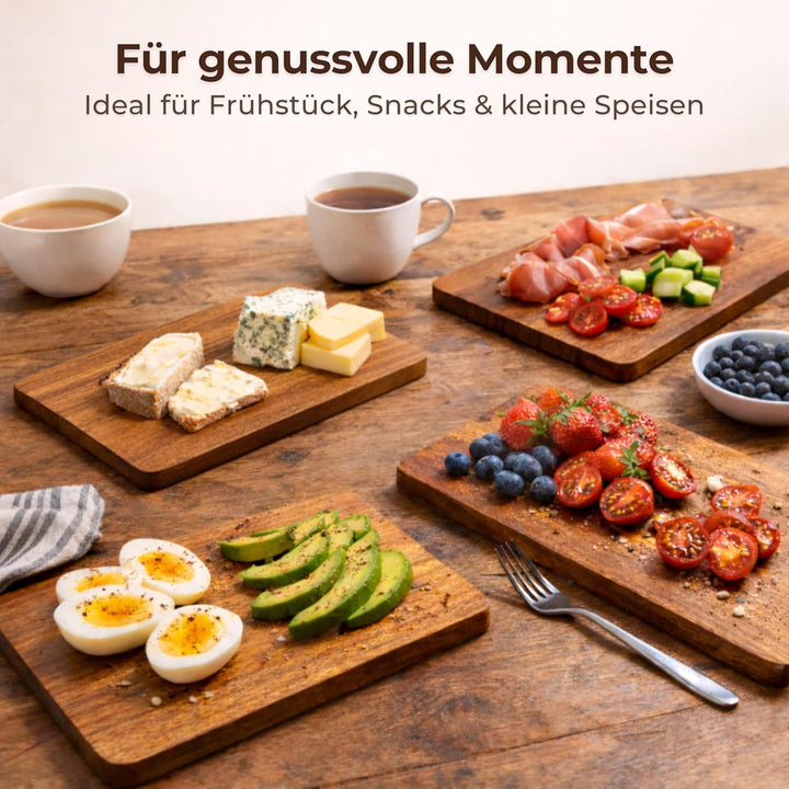 Frühstücksbrettchen Holz Set (5er) aus Akazie mit Ständer – kleine Schneidebretter 26×16 cm für Küch