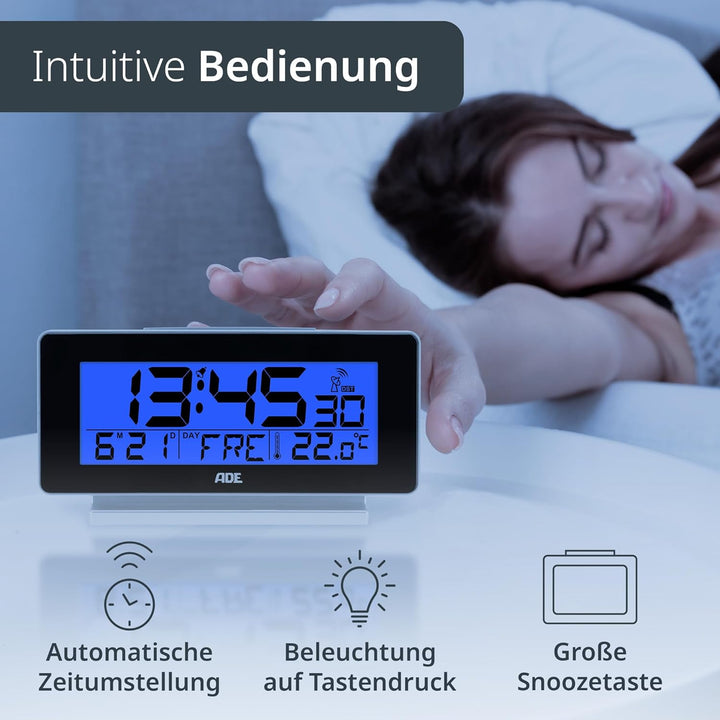 ADE Funkwecker digital mit Batterie | Tischuhr mit Temperaturanzeige, Beleuchtung, Schlummerfunktion