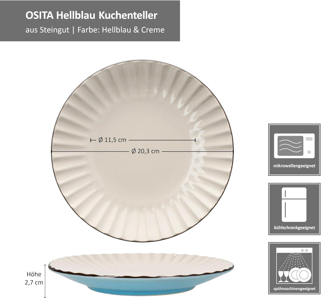 MÄSER OSITA Hellblau-Weiss 6er Set Kuchenteller I blau &amp; cremefarbene Steingut-Frühstücksteller für