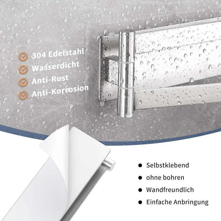 Handtuchhalter Ohne Bohren, Doppelt 180°Schwenkbar Zweiarmig Handtuchstange Silber Gebürstet für Bad