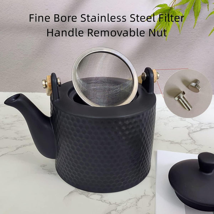 KOPYFANTAP Teekanne Keramik Schwarz, Porzellan Teekanne mit Sieb 900ml mit 4 Teetassen 180ml für Los