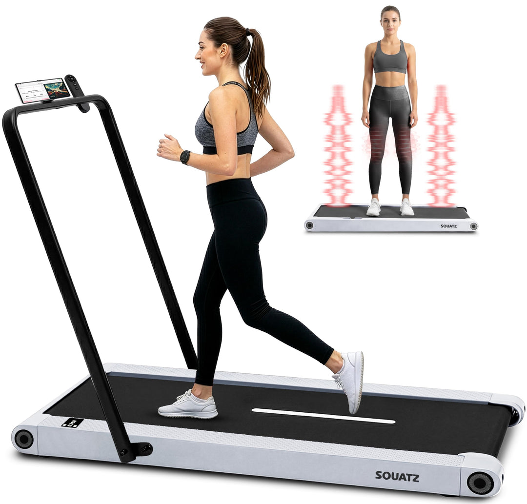 SQUATZ Walking Pad Laufband mit Handlauf für Zuhause, klappbar, Weiss 2-in-1 mit Vibrationsplatte, l
