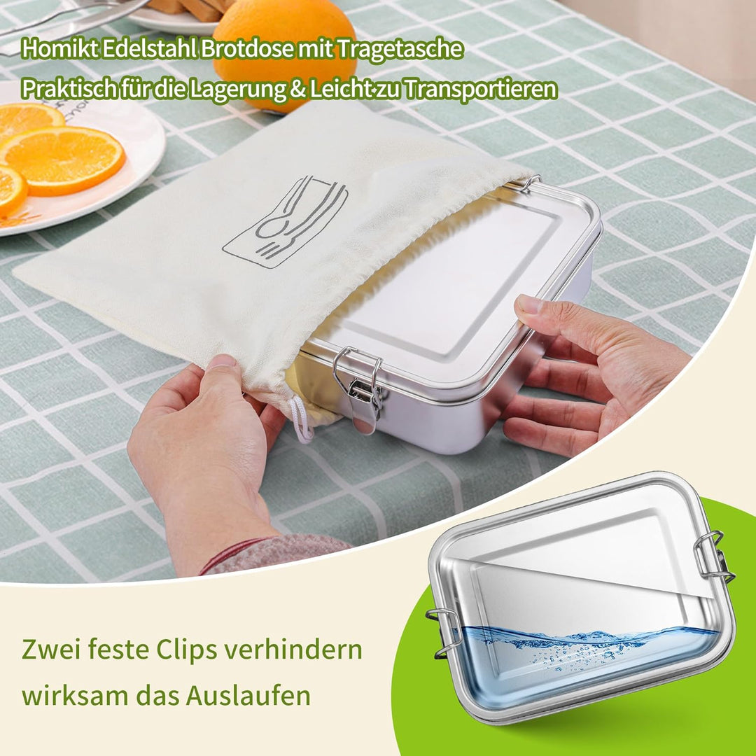 Homikit Edelstahl Brotdose mit 2 Fächern, 1400ml Bento Box mit Tasche für Kinder und Erwachsene, Aus
