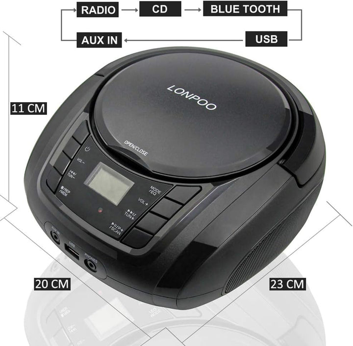 LP-D03 Tragbarer Boombox CD-Player mit Bluetooth - Kinder Stereo-Boombox mit FM Radio | AUX-In | Kop