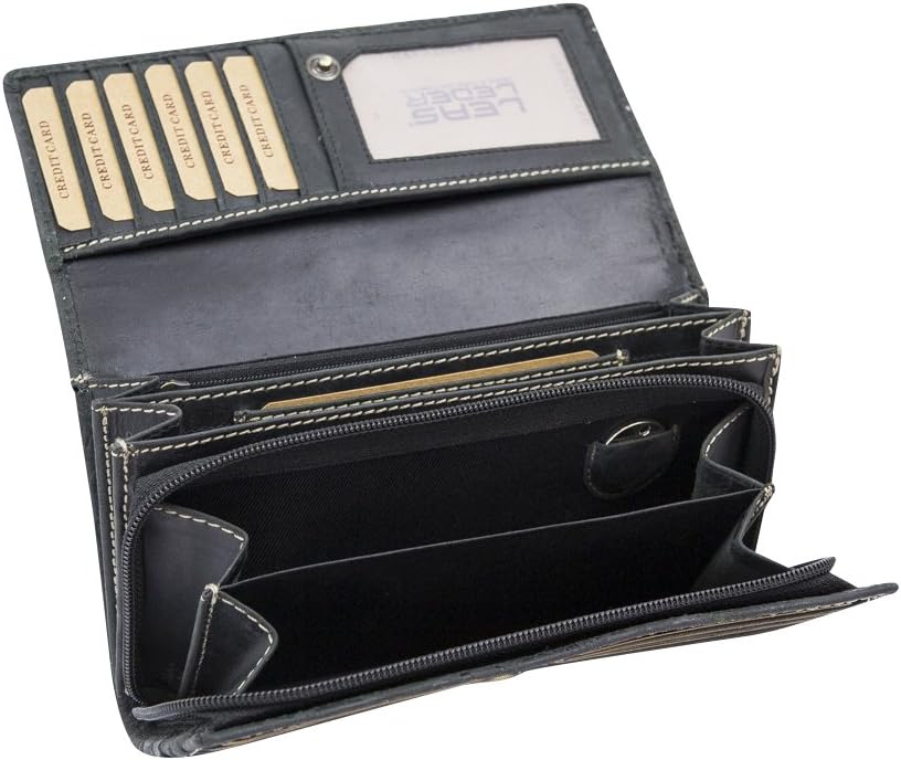 Grosse Damenlangbörse Natur Damen Portemonnaie im Vintage Look LEAS in Echt-Leder, schwarz