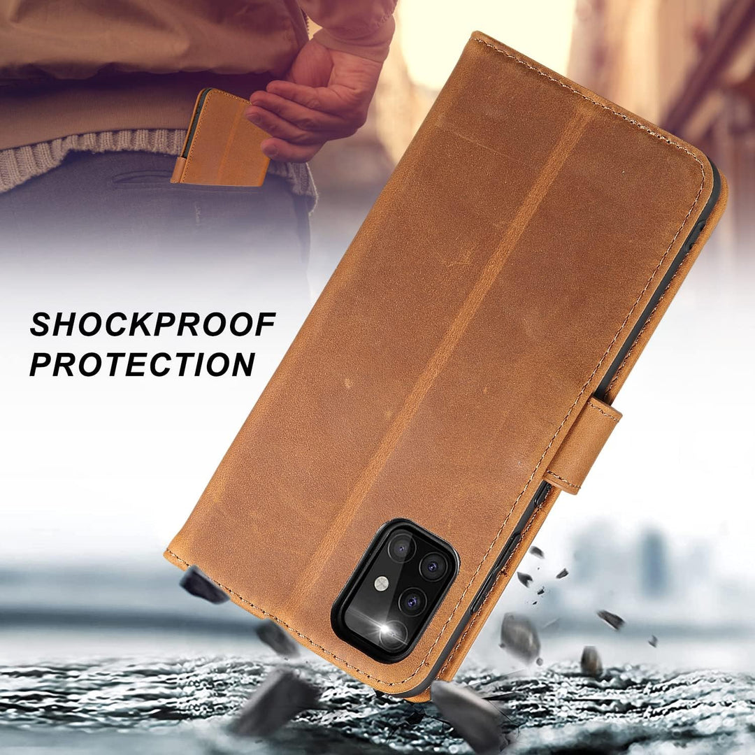 LENSUN Echtleder Hülle für Samsung Galaxy A51 4G, Handyhülle [Echtes Leder] [Magnetverschluss] [RFID