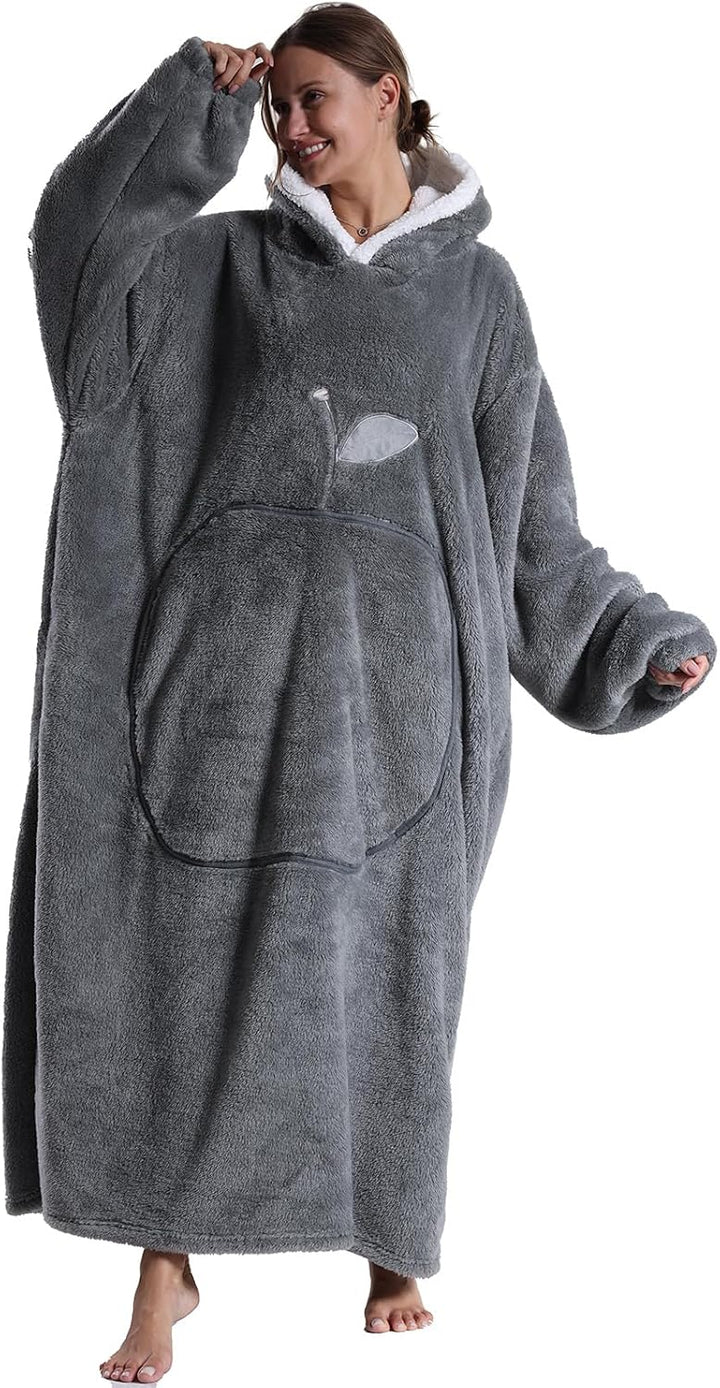 Hoodie Decke Extra Lang mit Kapuze und Tasche für Damen Herren Hellgrau, Hellgrau