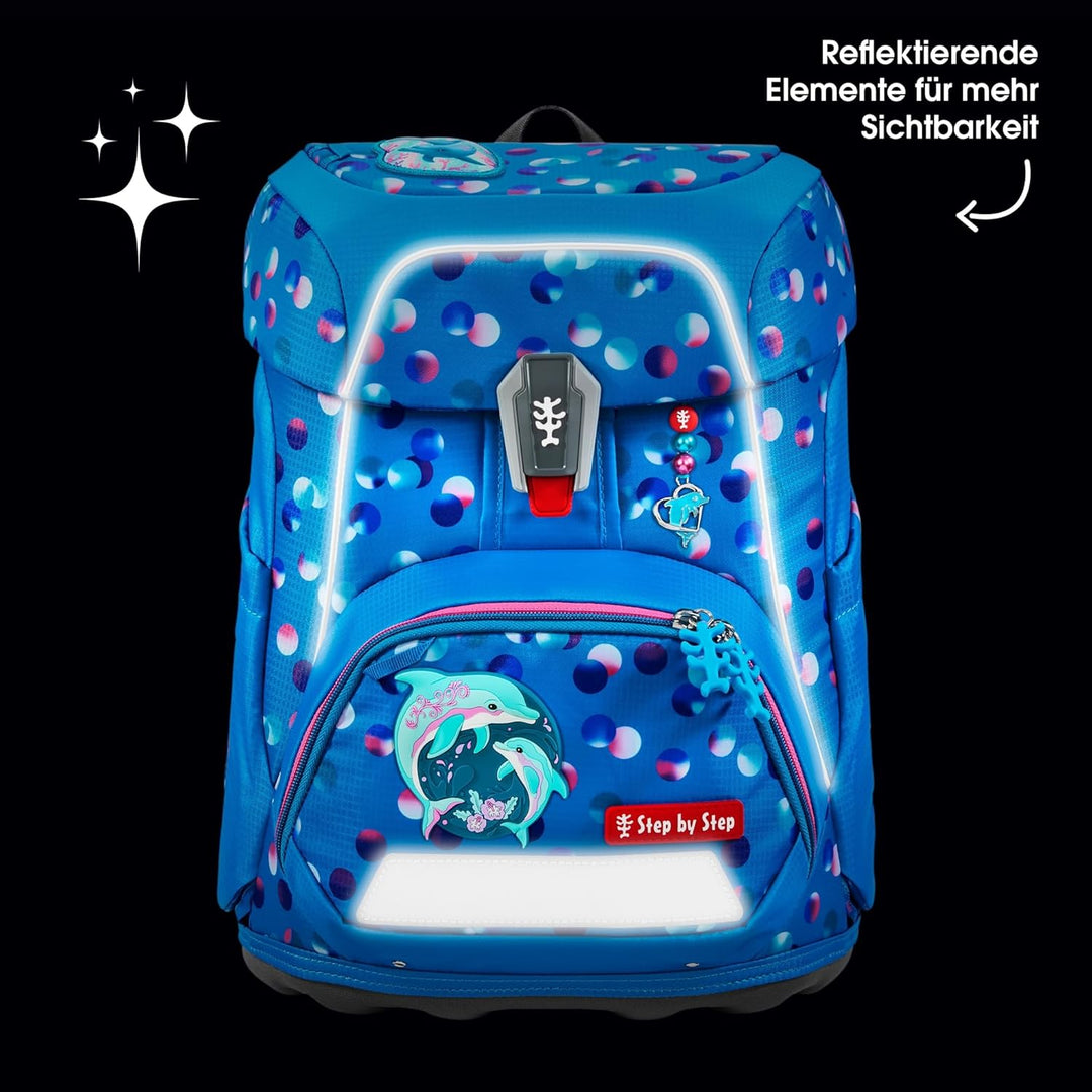 Step by Step Schulranzen-Set FIT „Dolphin Finja“ 5-teilig, blau, Delfin-Design, ergonomischer Tornis