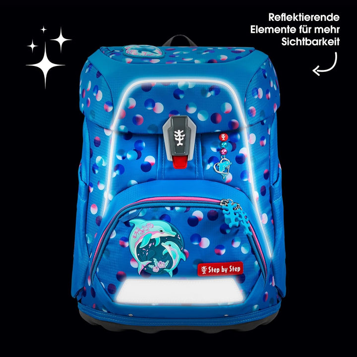 Step by Step Schulranzen-Set FIT „Dolphin Finja“ 5-teilig, blau, Delfin-Design, ergonomischer Tornis