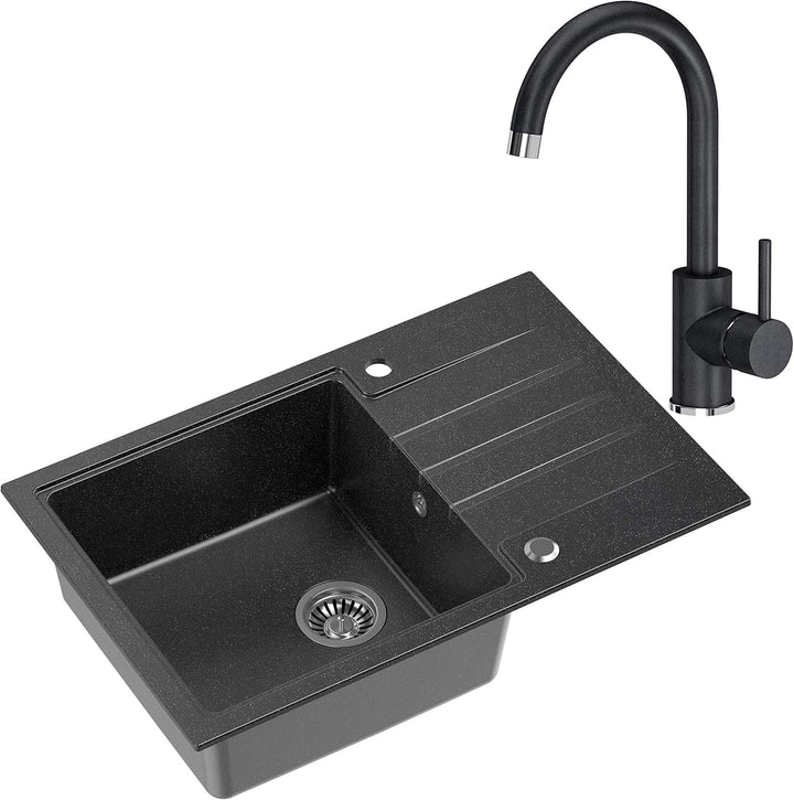 VBChome Spüle mit Armatur 78 x 50 cm Tiefes Becken 20cm Schwarz Küche Grosse Abtropfflache Unterschr