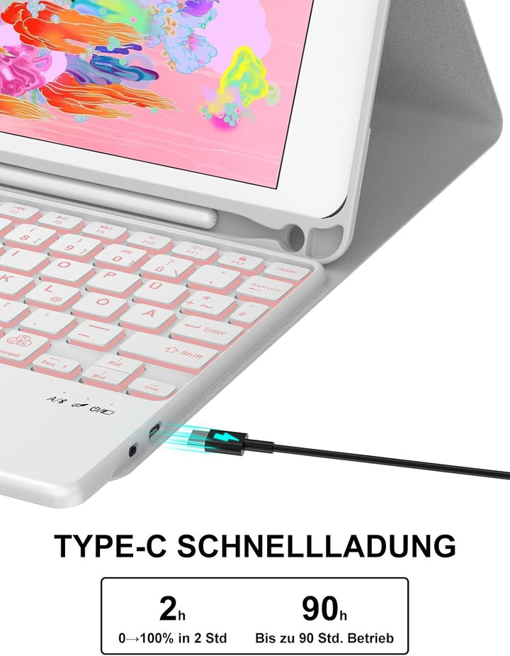 JADEMALL Für iPad 6 9,7"&amp; Air 2 Hülle mit Touchpad &amp; Beleuchtung QWERTZ | Mit 7-Farben Beleuchtung &amp;