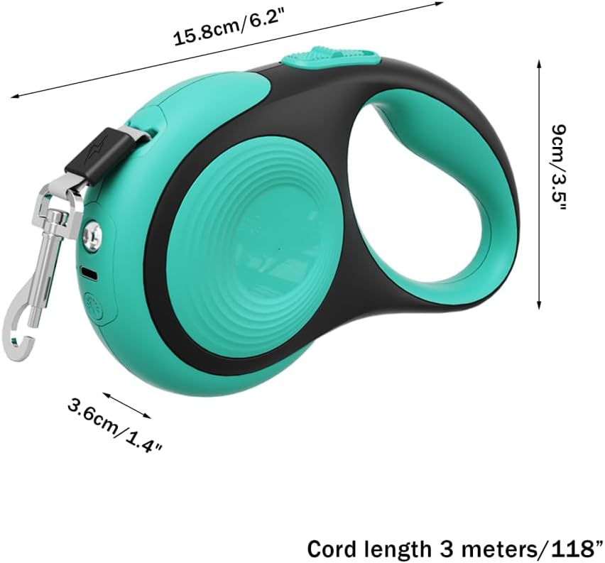 Einziehbare Hundeleine, 3/5 m, 30 kg, Robuste Hundeleine mit LED Taschenlampe, Einhandbremse Haustie