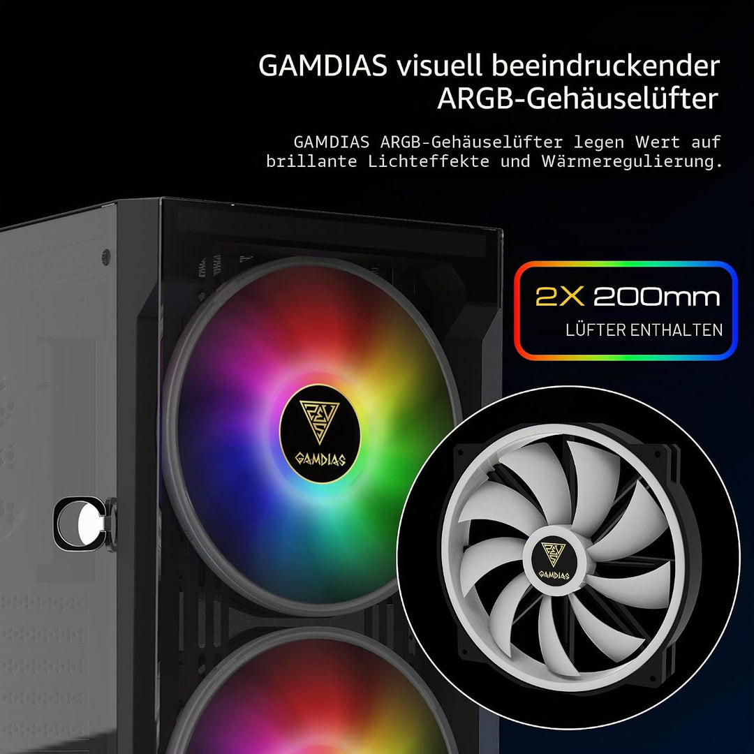 GAMDIAS Apollo E2 Elite Gaming-PC-Gehäuse, Mid-Tower-ATX-Gehäuse, gehärtete Glasscheibe, 3Dual einge