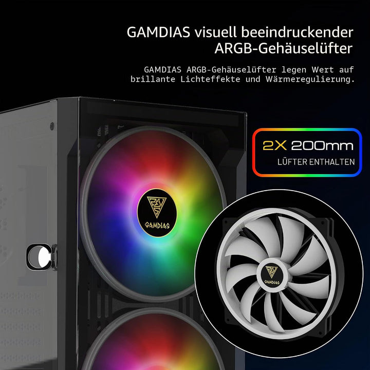 GAMDIAS Apollo E2 Elite Gaming-PC-Gehäuse, Mid-Tower-ATX-Gehäuse, gehärtete Glasscheibe, 3Dual einge