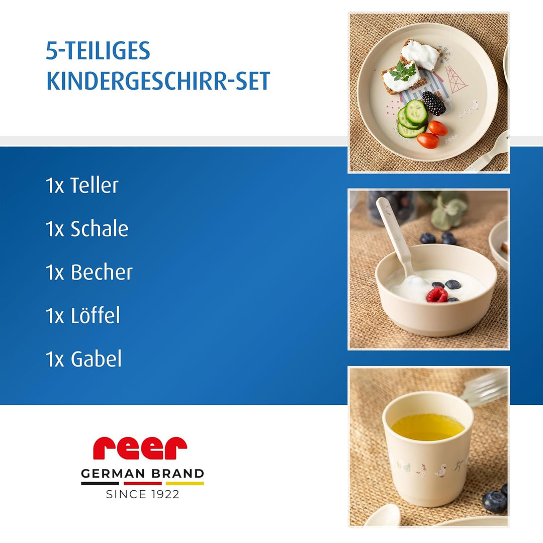 reer Kindergeschirr Set | Motiv: Little Farm | Biokunststoff-Geschirr für Kleinkinder aus 100% ISCC-
