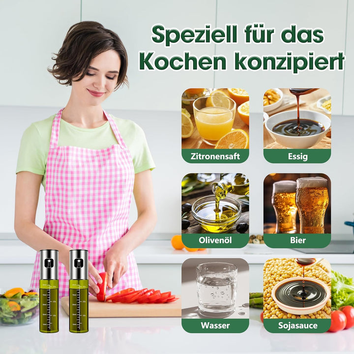Ölsprüher für Speiseöl, 2 Stück UV-Schutz Sprühflasche Öl, Glas mit Etiketten Öl Zerstäuber Küche Öl