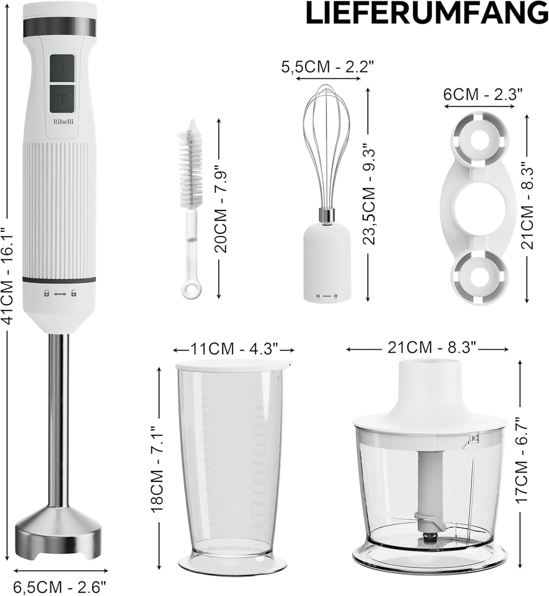 Ribelli Elektrischer Stabmixer Set 1200 W, 5-in-1 Pürierstab, Hand Blender mit 20 Geschwindigkeitsst