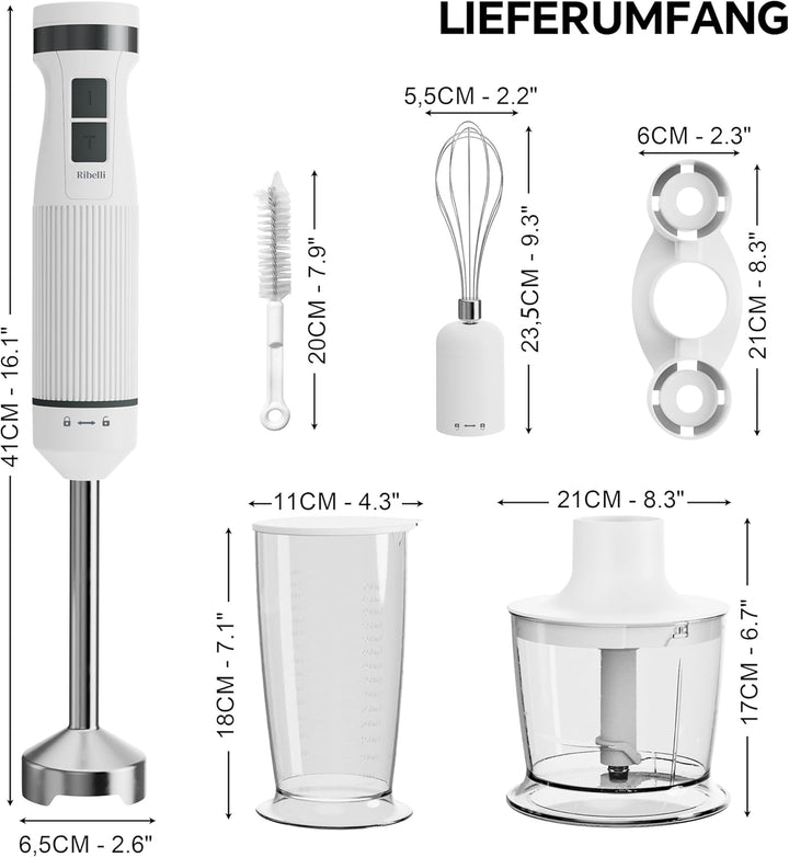Ribelli Elektrischer Stabmixer Set 1200 W, 5-in-1 Pürierstab, Hand Blender mit 20 Geschwindigkeitsst