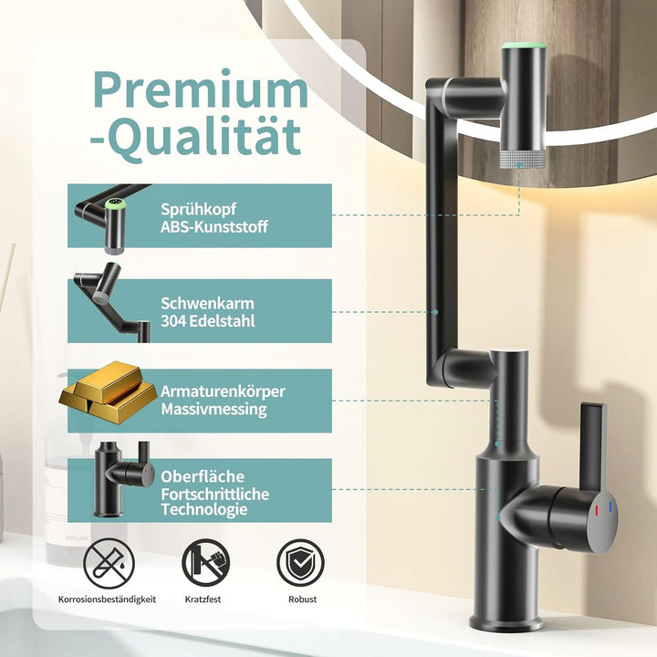 Einloch Waschtischarmatur mit Temperaturanzeige, Einhand Armatur Badezimmer, 1080° schwenkbare Badar