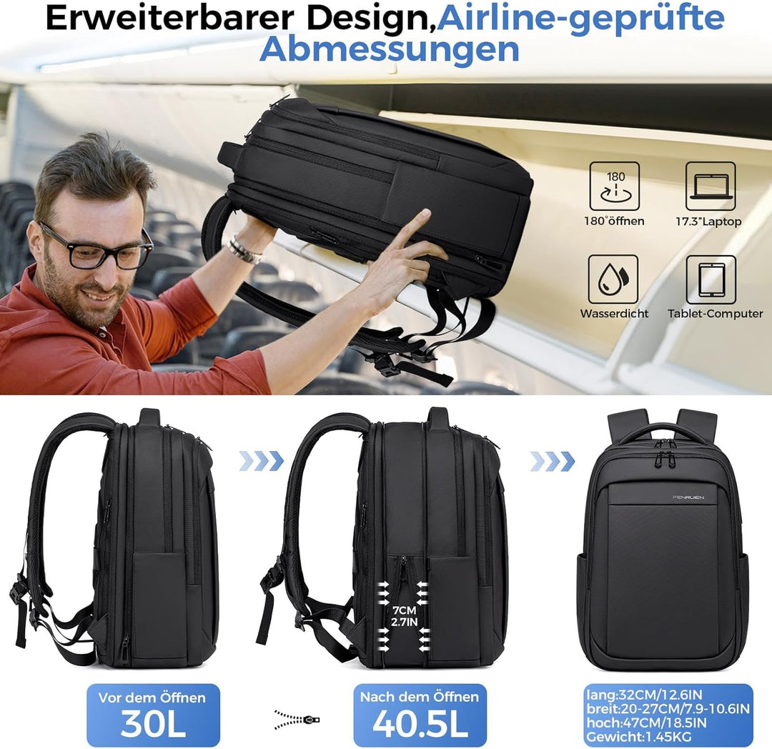 Rucksack Herren –Handgepäck Rucksack 17.3-Zoll Laptop Rucksack Erweiterbar (Wasserdicht & Anti-Diebs