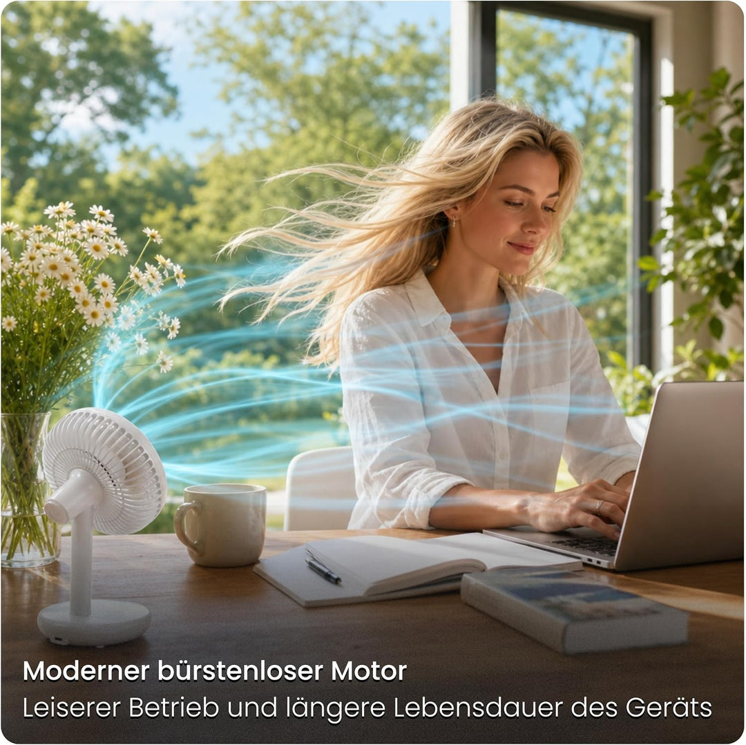 Tischventilator sehr leise - 7-Flügel USB Ventilator Akku 2000 mAh, Ø 14cm, 4 Modi, Naturwind, Bürst
