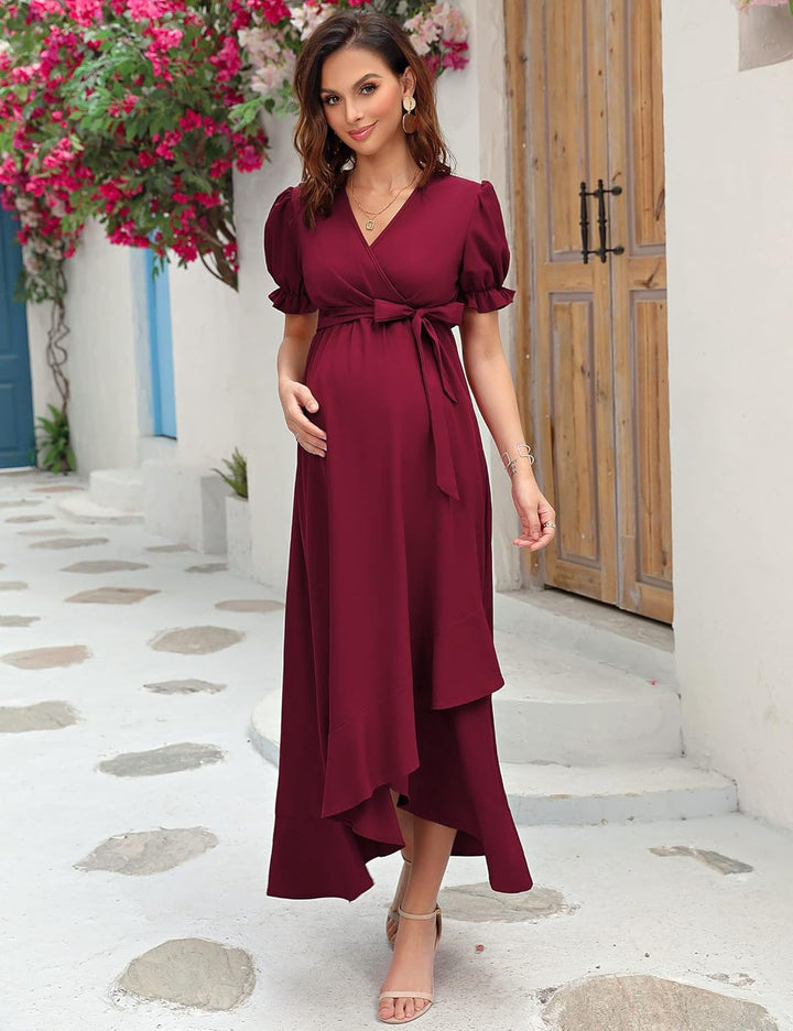 KOJOOIN Damen Umstandskleid V-Ausschnitt Stillkleid Kurzarm Schwangerschaftskleid mit Rüschen Blumen