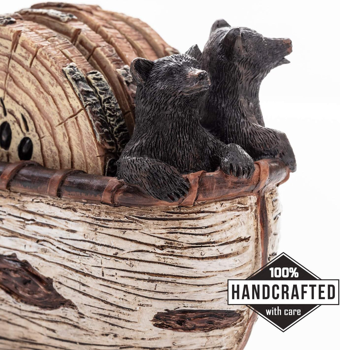 Bear Coasters Set of 6 Rustic Full Size Coasters in Handmade Canoe with Adorable Black Bear Figurine